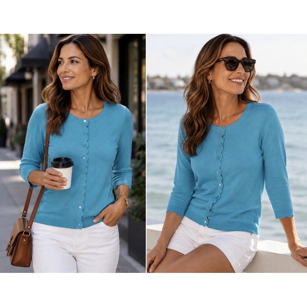 Talbots Plus Sp Scalloped Button Front Cardigan Sweater Aqua Blue 3/4 Sleeve